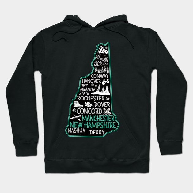 New Hampshire Manchester cute map Conway Hanover Rochester Dover Nashua Derry The Granite State Hoodie by BoogieCreates